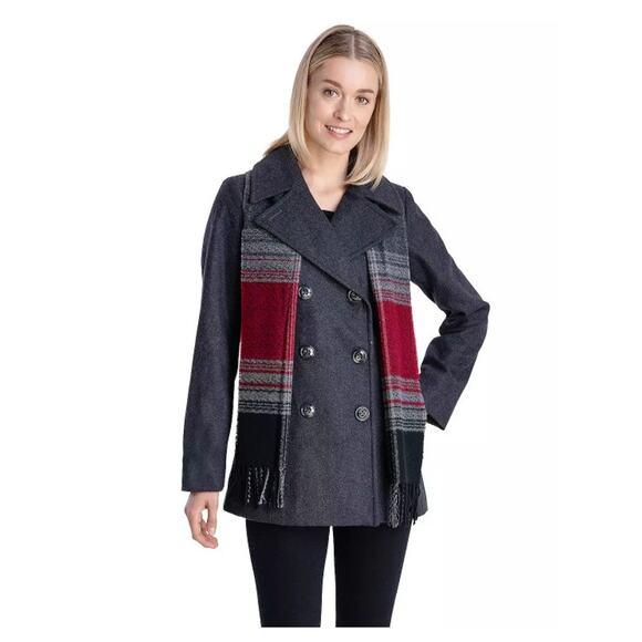 London Fog Jackets & Blazers - NWT London Fog Double Breasted Charcoal Peacoat With Scarf sz L